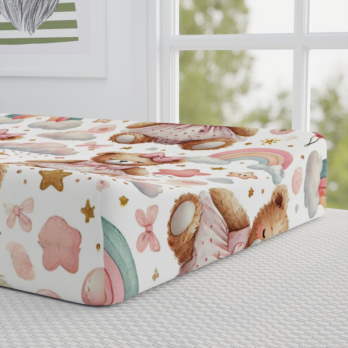 Capa de Troca de Fraldas de Urso Fofo e Bebê Arco-íris